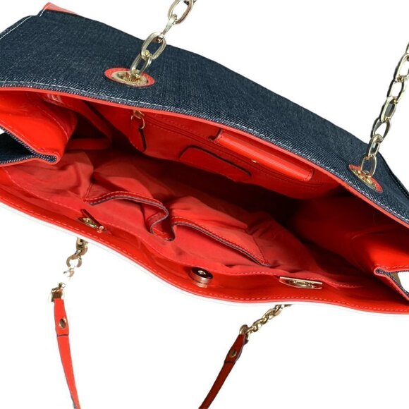 Anne Klein Mix Media Stripe/Denim/Leather Graphic Print Tote Handbag 250G - Picture 3 of 12